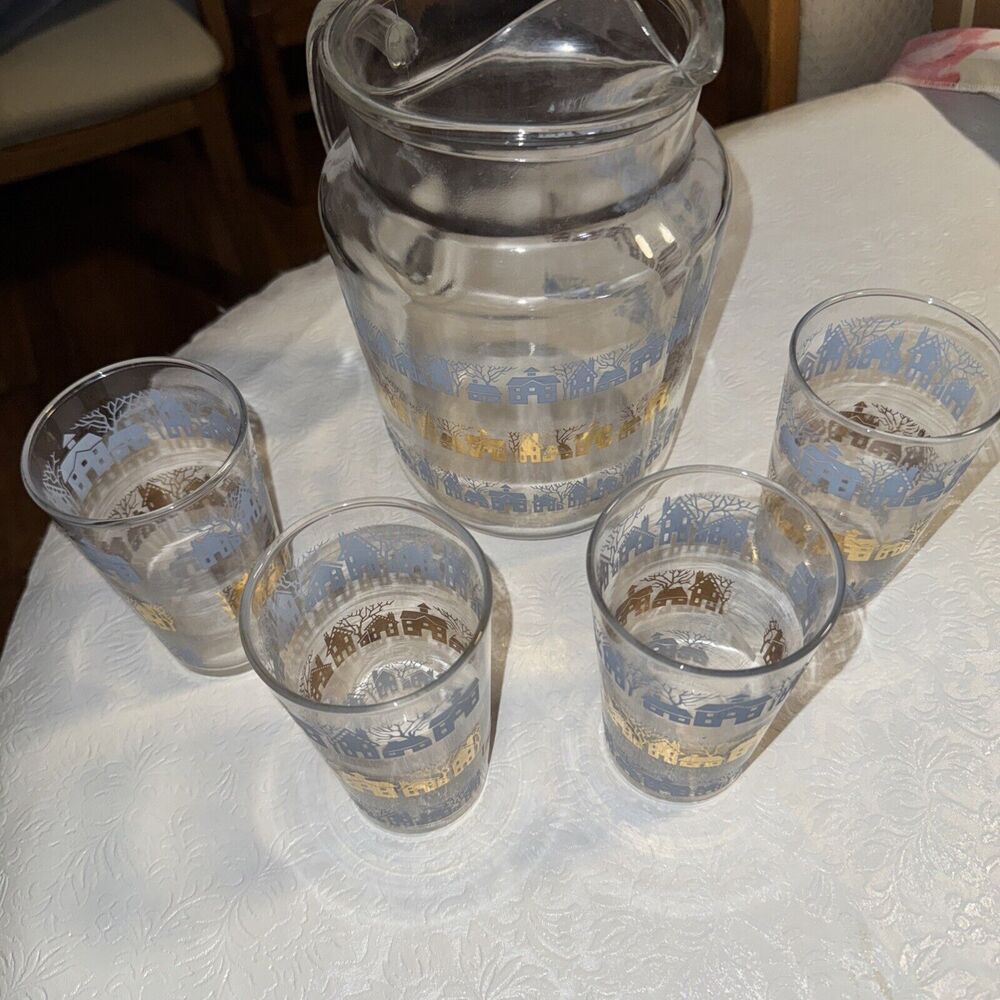 5 Piece Set Clear Blue Gold Glass Pitcher C Handle Vintage House Cottage Tree